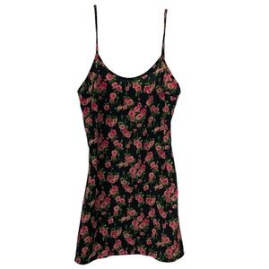 A. Byer 90s Y2k Vintage Black Floral Pink Rose Print Slip Dress Juniors Size 9